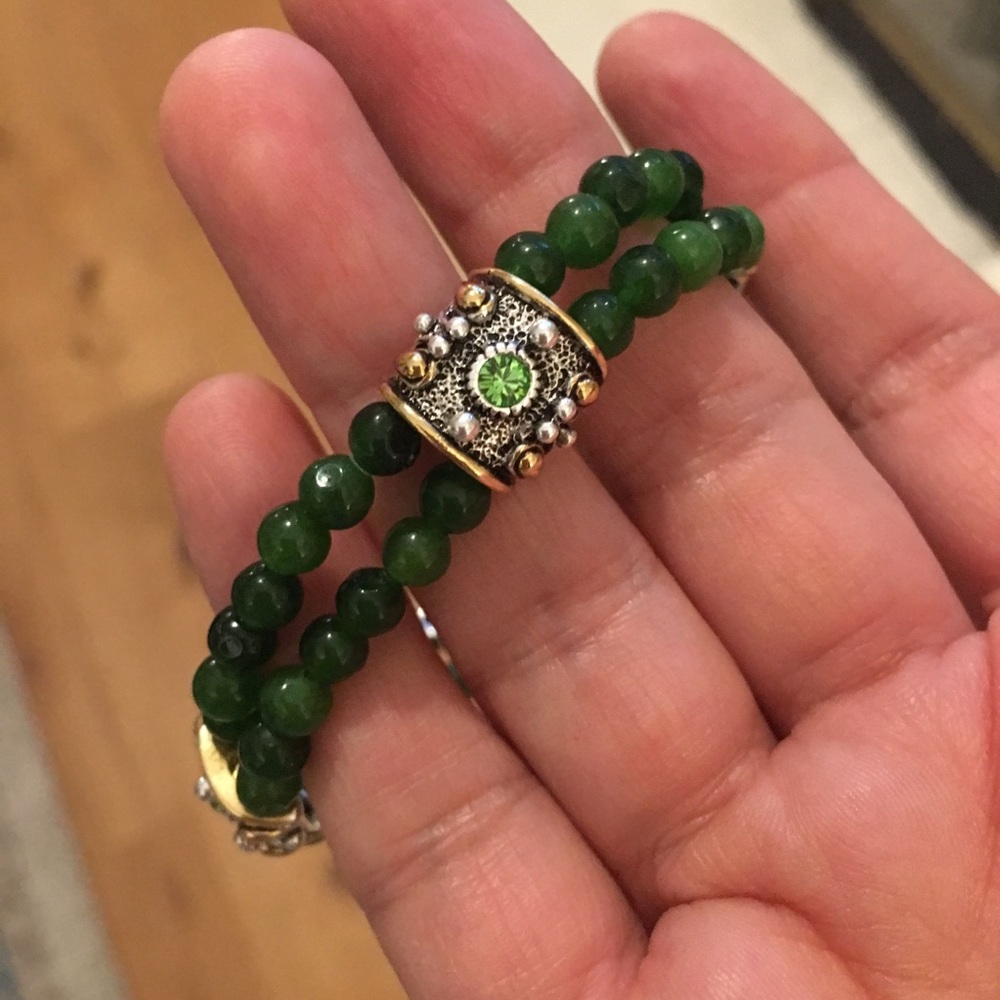 Green agate & silver metal stretchable bracelet - Picture 6 of 8